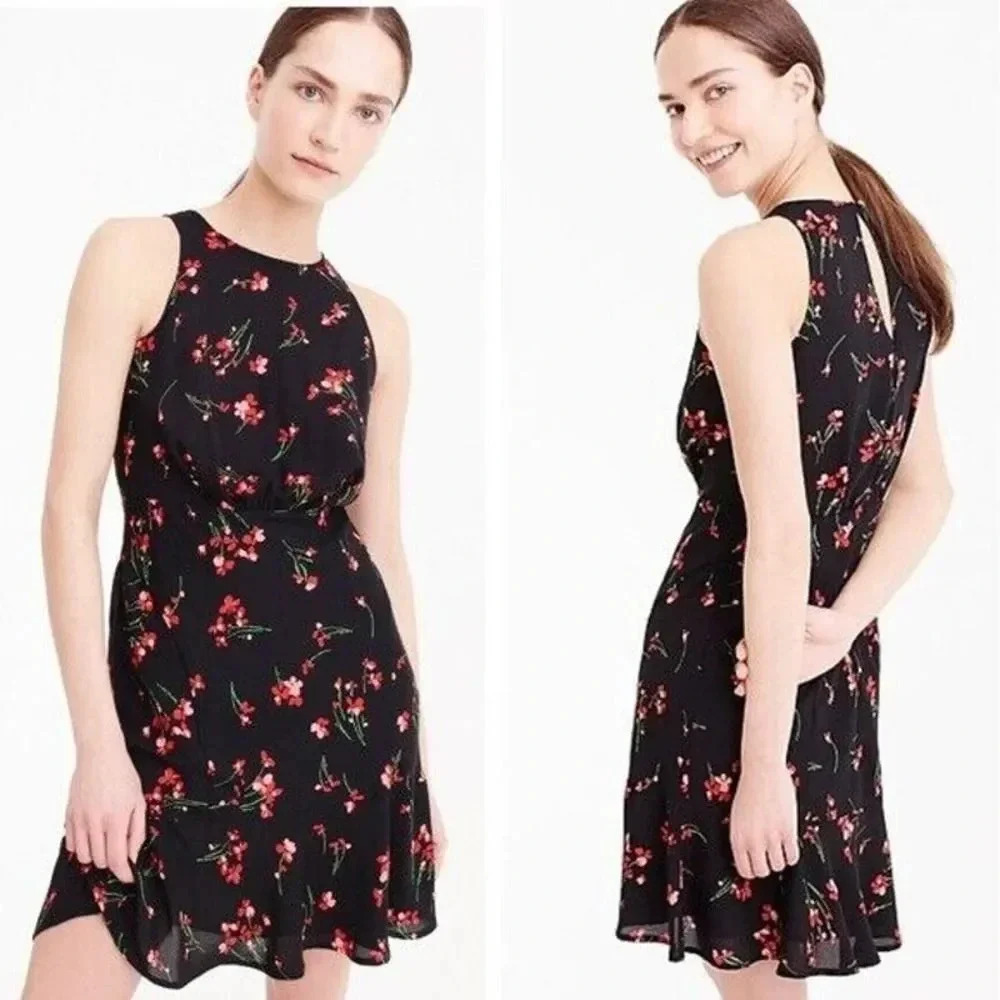 J. CREW‎ Falling Flora Black Sleeveless Ruffle Flounce Hem Size 2